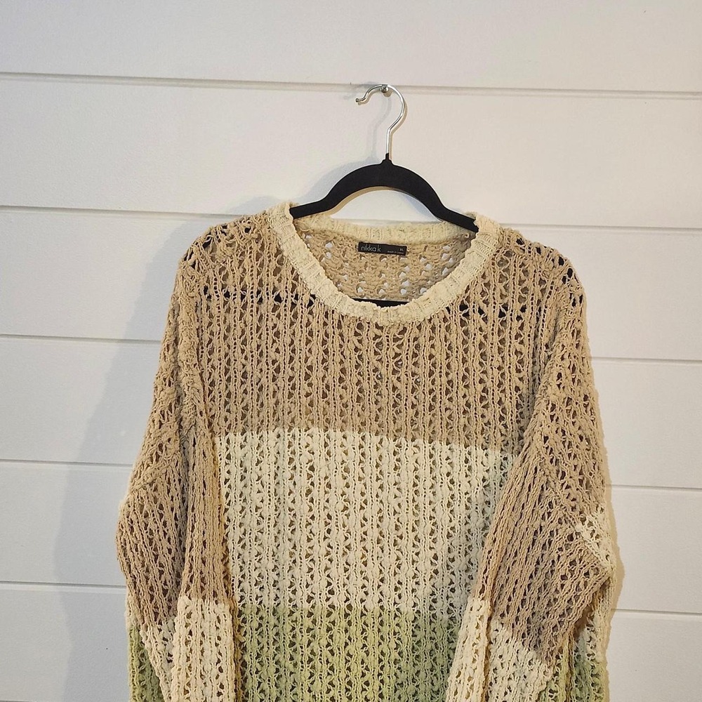 Nikka K Oversized Crochet Sweater Cream Beige Olive Green Colorblock XL